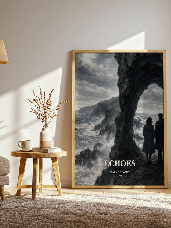 Echoes watercolour print in frame leaning in hallway – contemporary fiction wall art