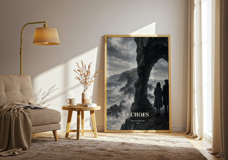 Echoes watercolour print in frame leaning in hallway – contemporary fiction wall art