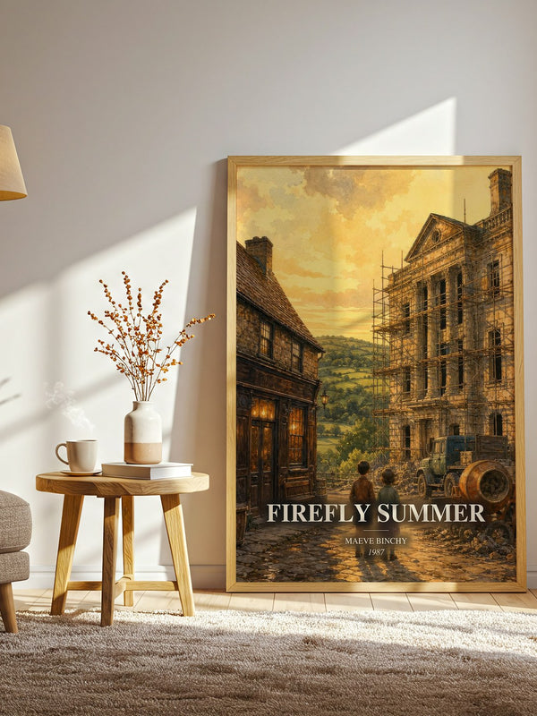 Firefly Summer watercolour print in frame leaning in hallway – literary fiction wall art