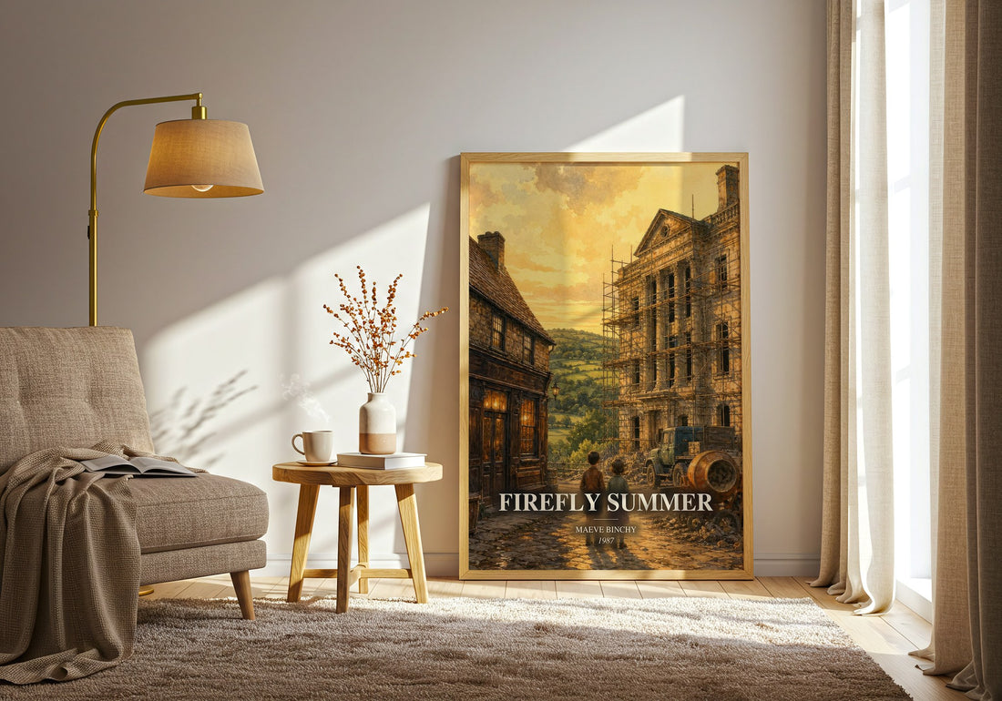 Firefly Summer watercolour print in frame leaning in hallway – literary fiction wall art (mockup)