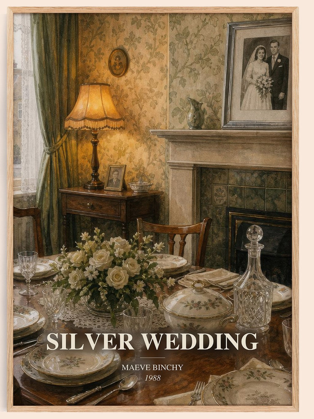 Silver Wedding watercolour book poster by Maeve Binchy – framed literary art print