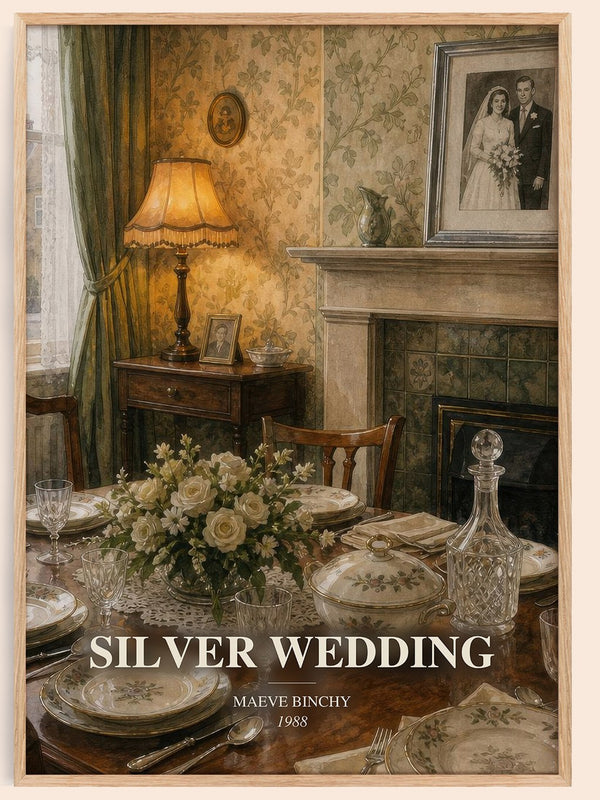 Silver Wedding watercolour book poster by Maeve Binchy – framed literary art print
