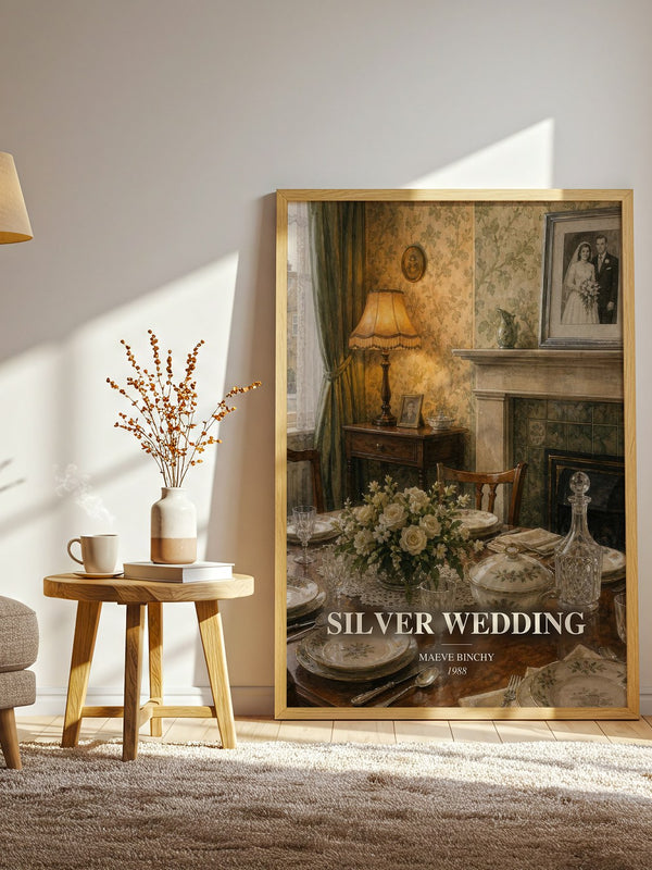Silver Wedding watercolour print in frame leaning in hallway – contemporary fiction wall art