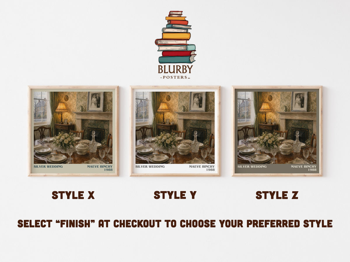 Silver Wedding literary print in frame leaning in hallway – contemporary fiction wall art (mockup)