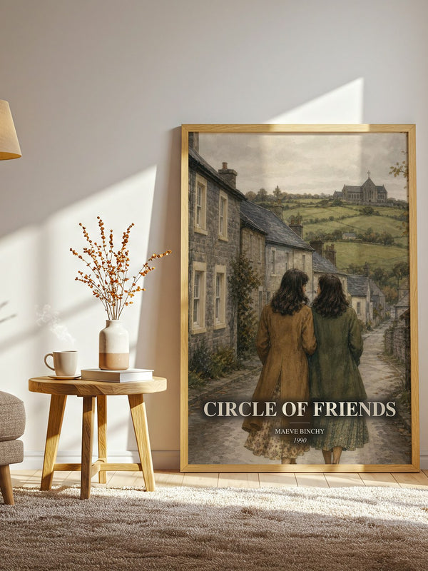 Circle of Friends watercolour print in frame leaning in hallway – contemporary fiction wall art