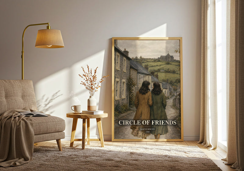 Circle of Friends watercolour print in frame leaning in hallway – contemporary fiction wall art