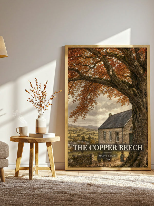 The Copper Beech watercolour print in frame leaning in hallway – literary fiction wall art