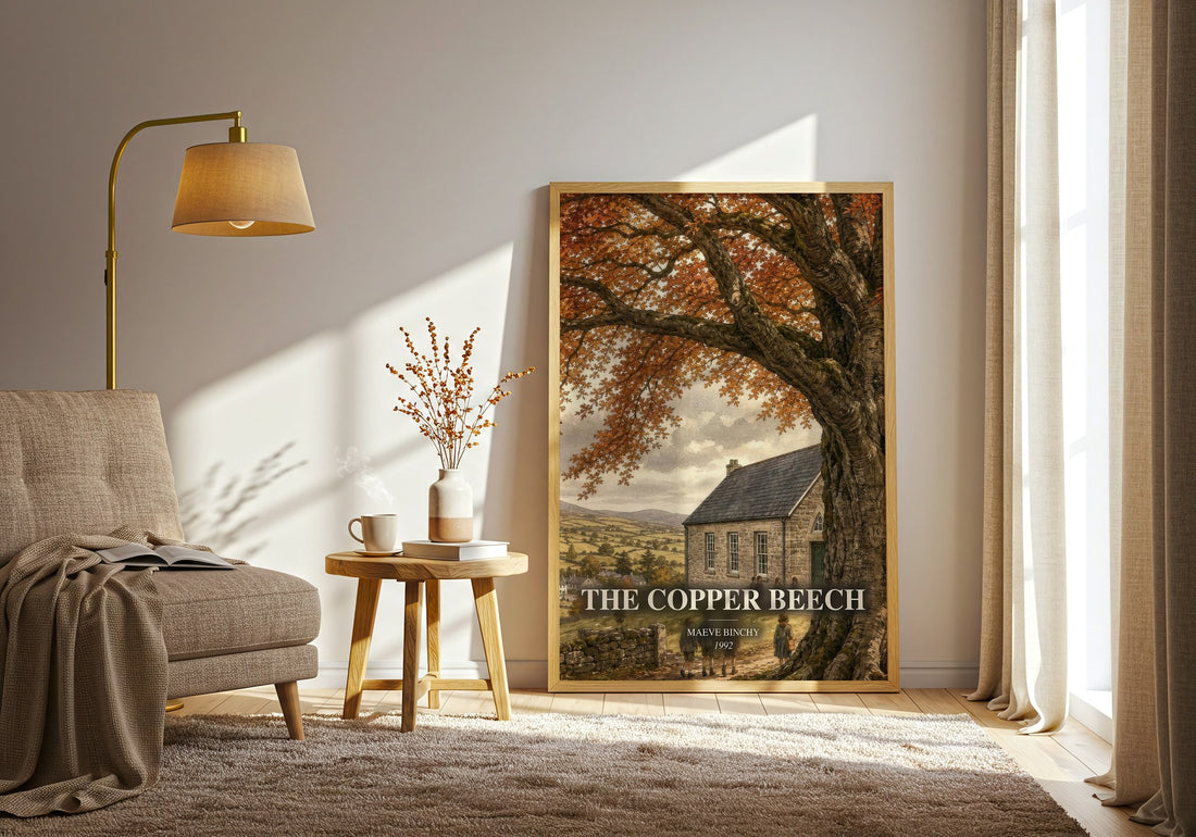 The Copper Beech watercolour print in frame leaning in hallway – literary fiction wall art (mockup)
