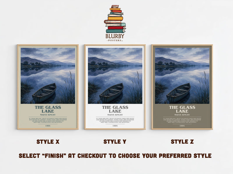 The Glass Lake bookish print in frame leaning in hallway – literary fiction wall art