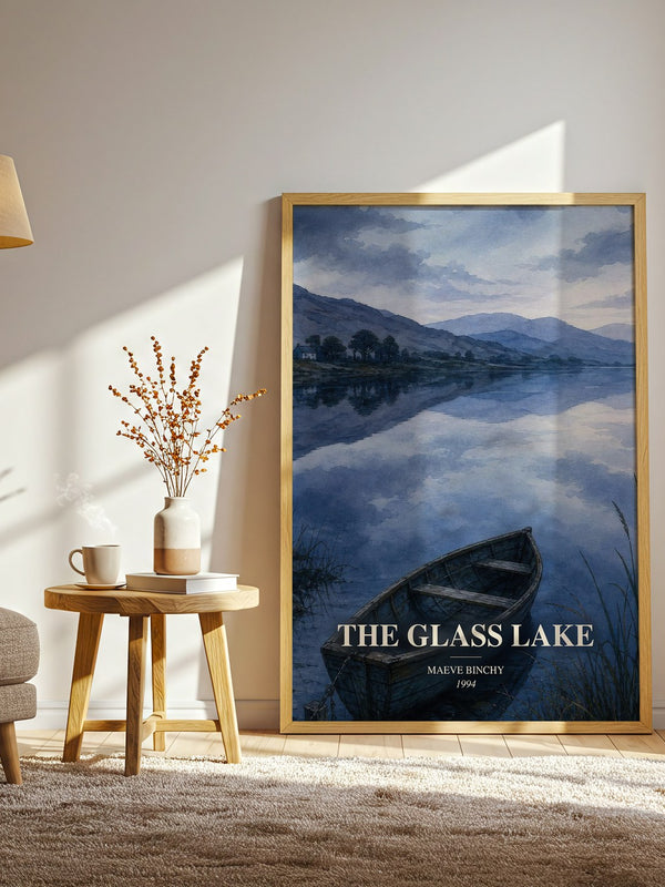 The Glass Lake watercolour print in frame leaning in hallway – literary fiction wall art