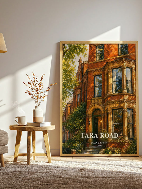 Tara Road watercolour print in frame leaning in hallway – contemporary fiction wall art