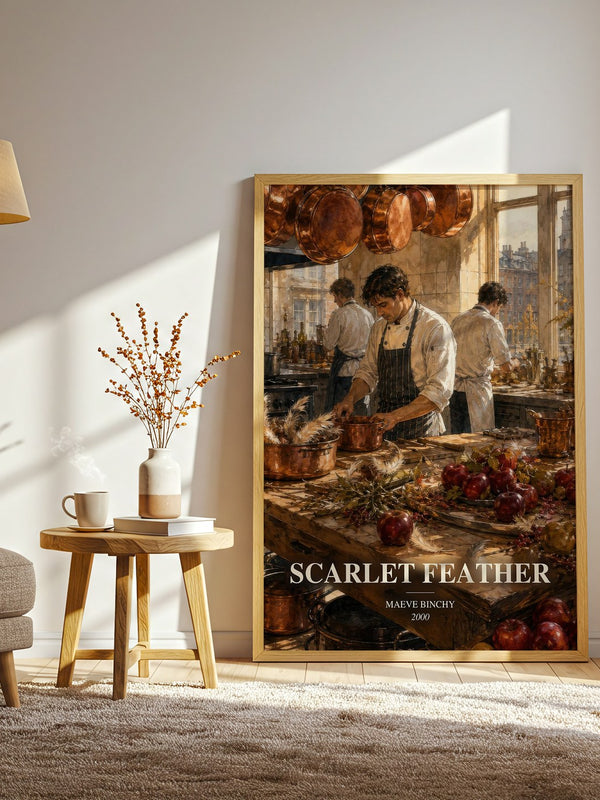 Scarlet Feather watercolour print in frame leaning in hallway – contemporary fiction wall art
