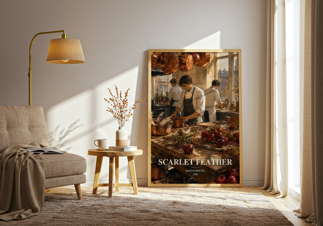 Scarlet Feather watercolour print in frame leaning in hallway – contemporary fiction wall art (mockup)