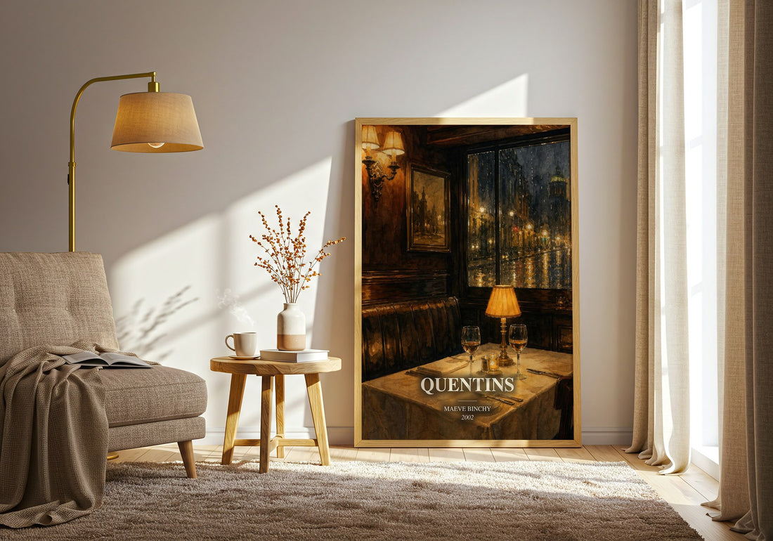 Quentins watercolour print in frame leaning in hallway – contemporary fiction wall art (mockup)