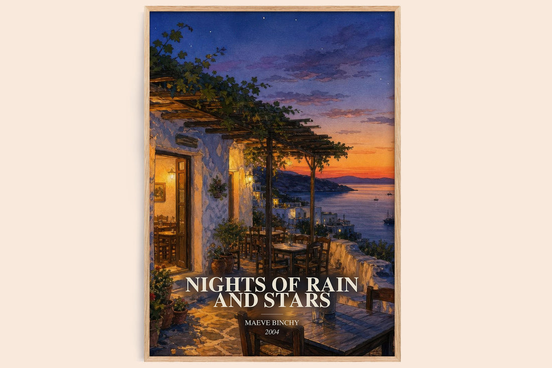 Nights of Rain and Stars watercolour book poster by Maeve Binchy – framed literary art print