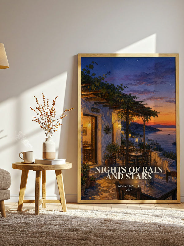 Nights of Rain and Stars watercolour print in frame leaning in hallway – contemporary fiction wall art