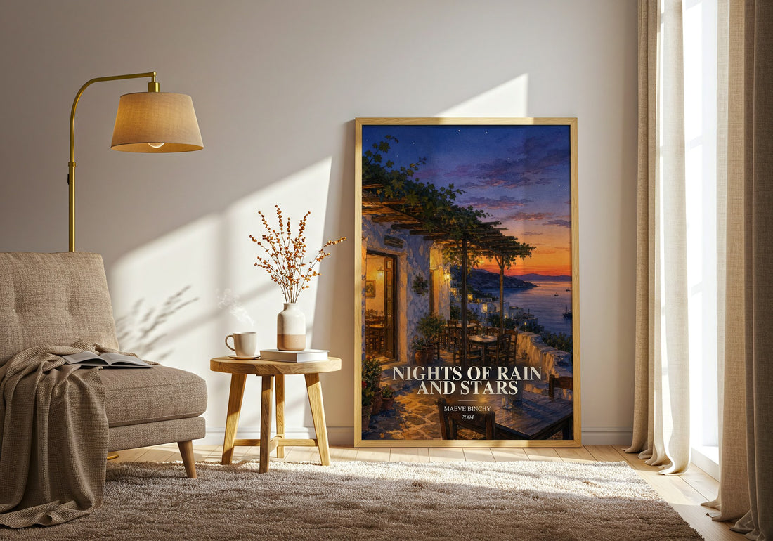 Nights of Rain and Stars watercolour print in frame leaning in hallway – contemporary fiction wall art (mockup)