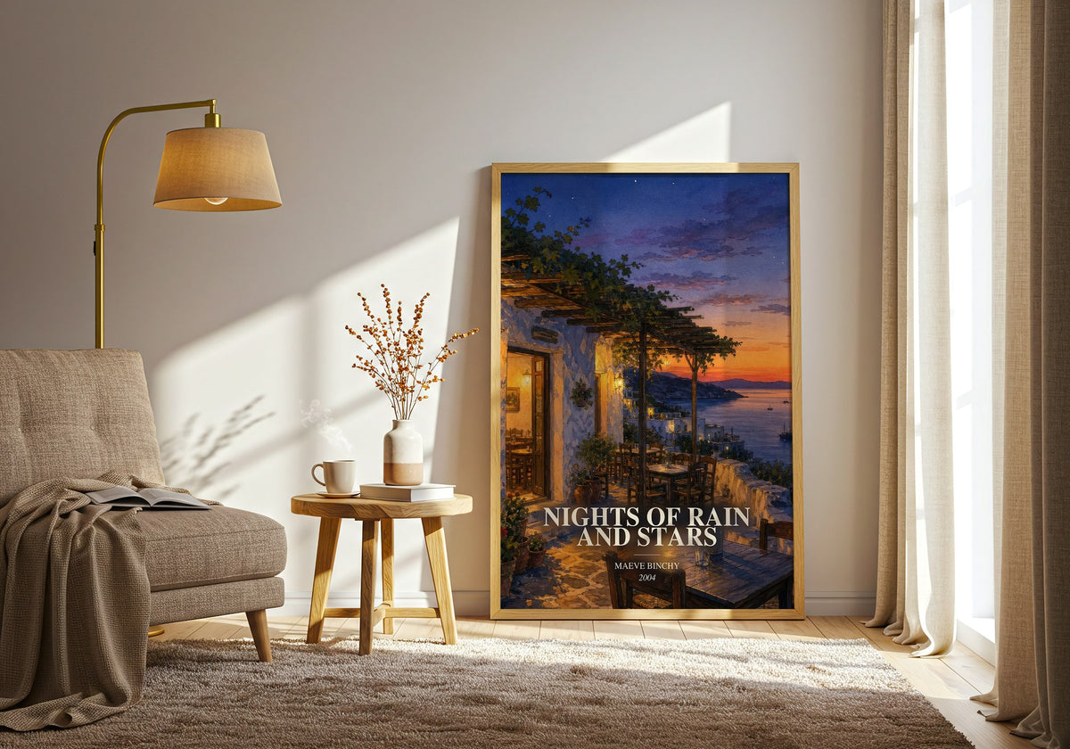 Nights of Rain and Stars watercolour print in frame leaning in hallway – contemporary fiction wall art (mockup)
