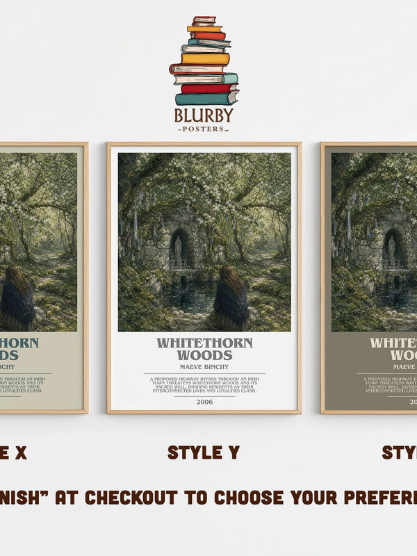 Whitethorn Woods bookish print in frame leaning in hallway – contemporary fiction wall art