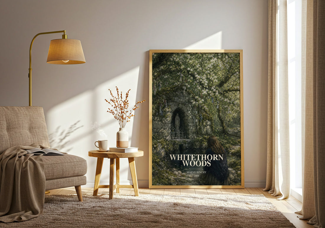 Whitethorn Woods watercolour print in frame leaning in hallway – contemporary fiction wall art (mockup)