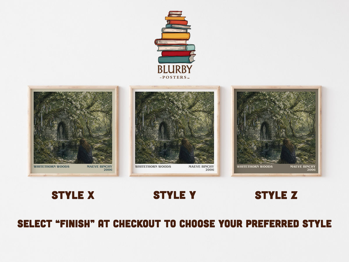 Whitethorn Woods literary print in frame leaning in hallway – contemporary fiction wall art (mockup)