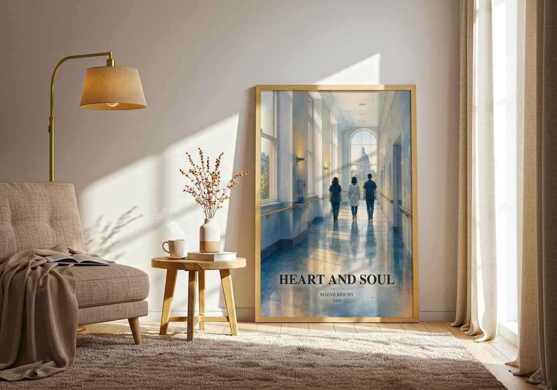 Heart and Soul watercolour print in frame leaning in hallway – contemporary fiction wall art (mockup)
