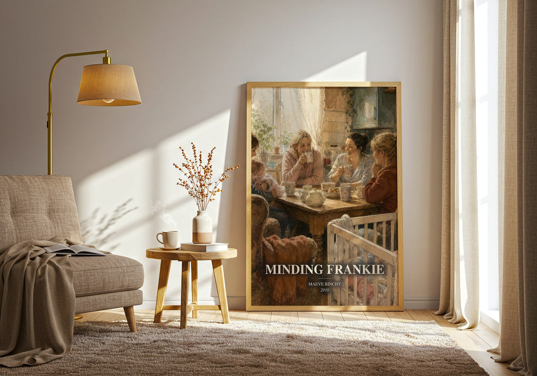 Minding Frankie watercolour print in frame leaning in hallway – contemporary fiction wall art (mockup)