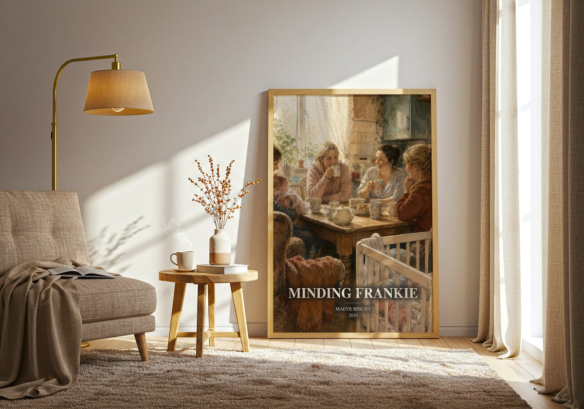 Minding Frankie watercolour print in frame leaning in hallway – contemporary fiction wall art (mockup)