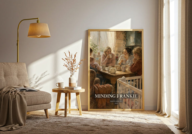 Minding Frankie watercolour print in frame leaning in hallway – contemporary fiction wall art