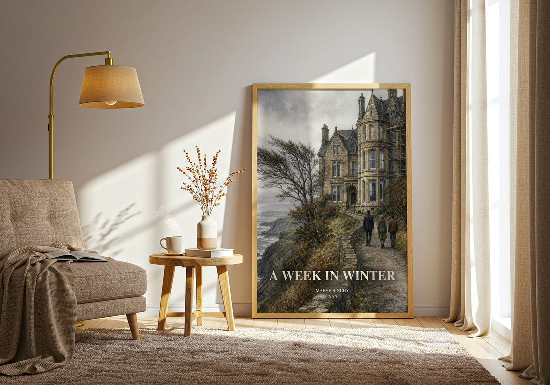 A Week in Winter watercolour print in frame leaning in hallway – contemporary fiction wall art (mockup)