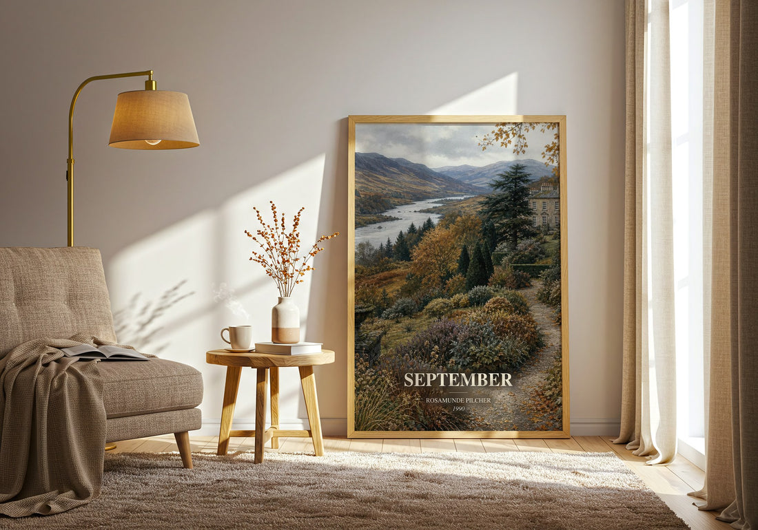 September watercolour print in frame leaning in hallway – romance wall art (mockup)