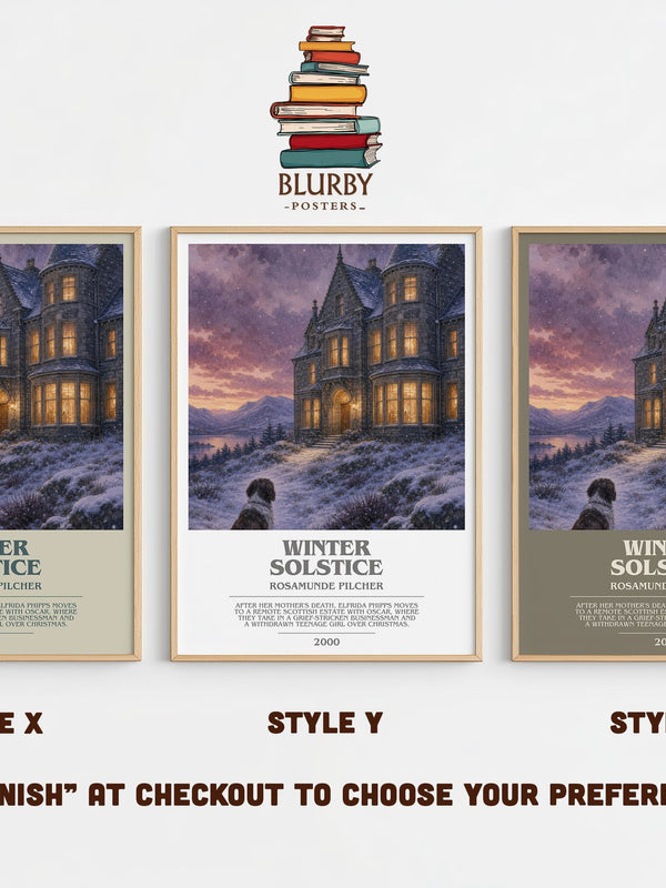 Winter Solstice bookish print in frame leaning in hallway – contemporary fiction wall art