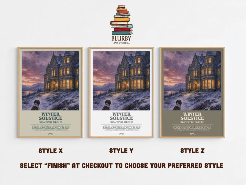 Winter Solstice bookish print in frame leaning in hallway – contemporary fiction wall art