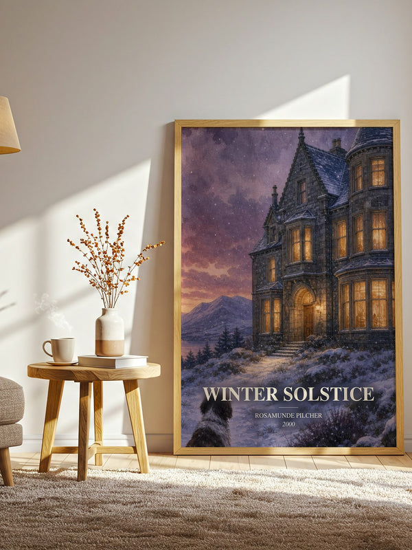 Winter Solstice watercolour print in frame leaning in hallway – contemporary fiction wall art