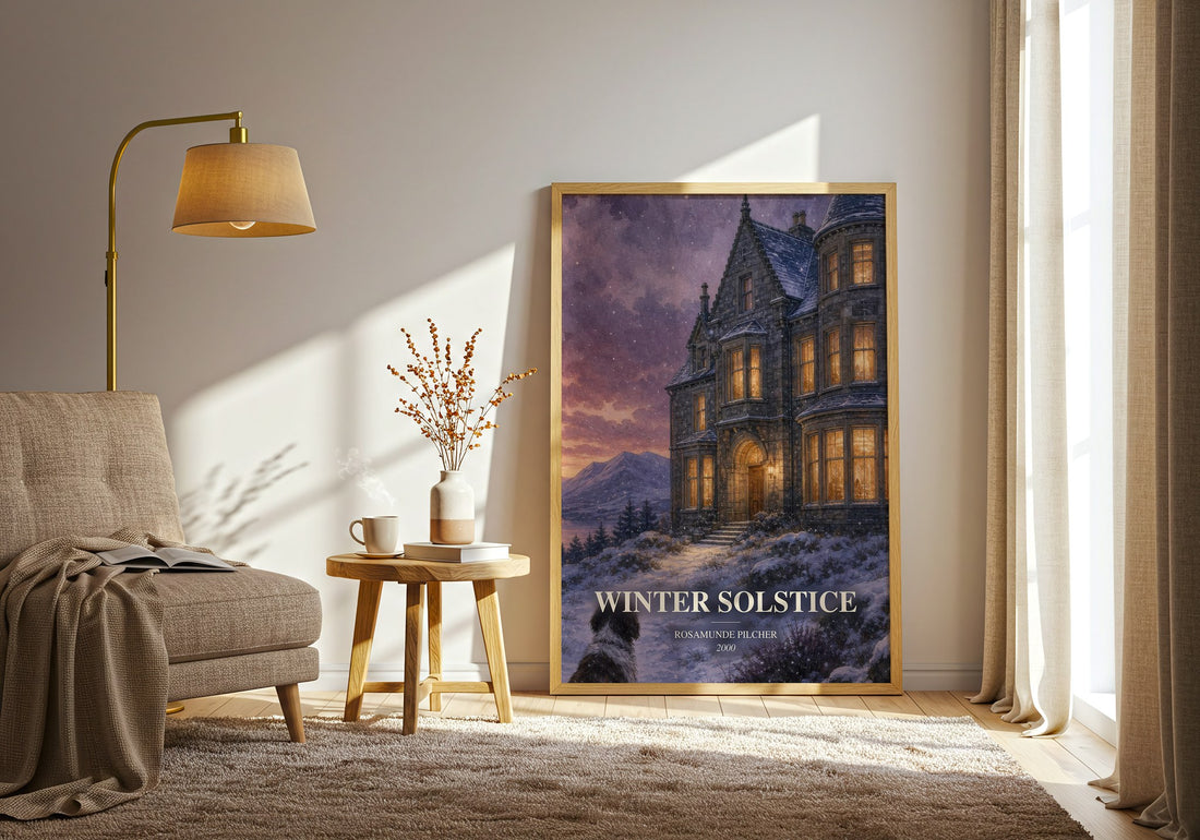 Winter Solstice watercolour print in frame leaning in hallway – contemporary fiction wall art (mockup)