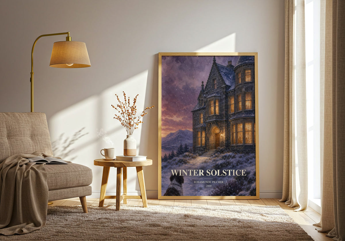 Winter Solstice watercolour print in frame leaning in hallway – contemporary fiction wall art (mockup)