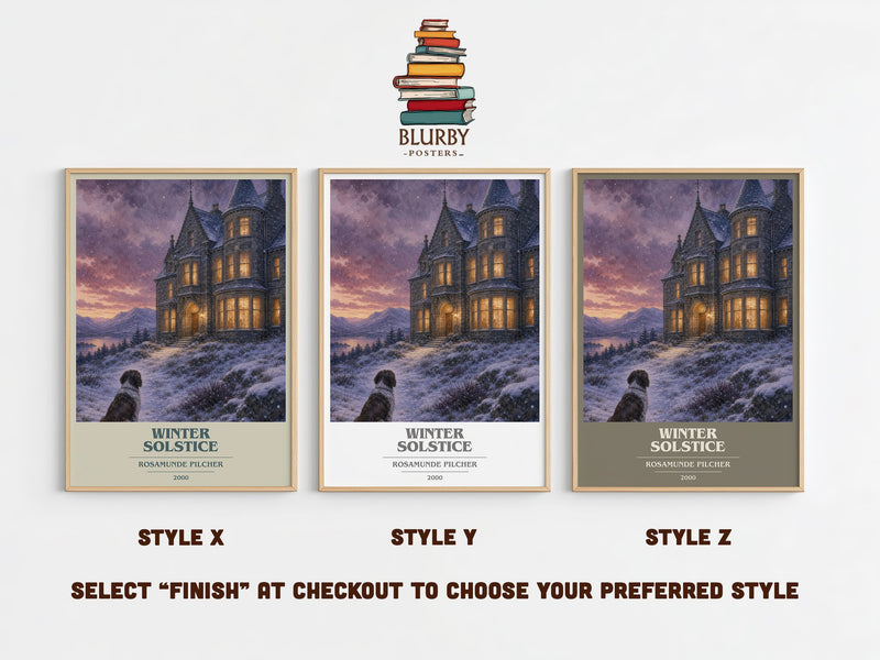Winter Solstice book cover print in frame leaning in hallway – contemporary fiction wall art