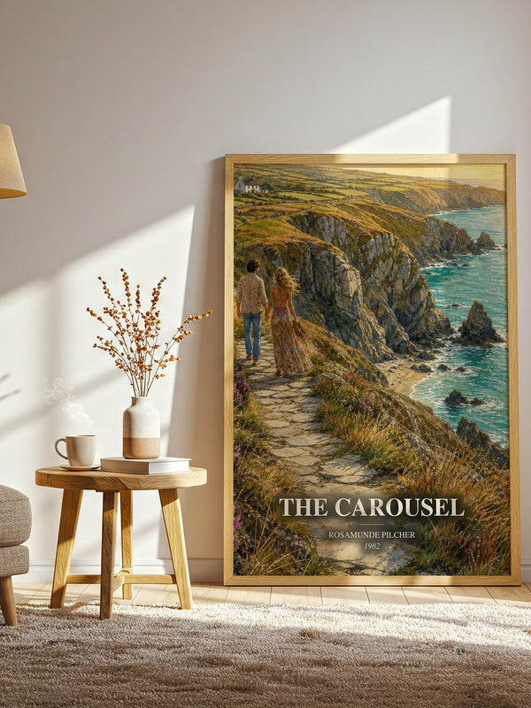 The Carousel watercolour print in frame leaning in hallway – contemporary fiction wall art