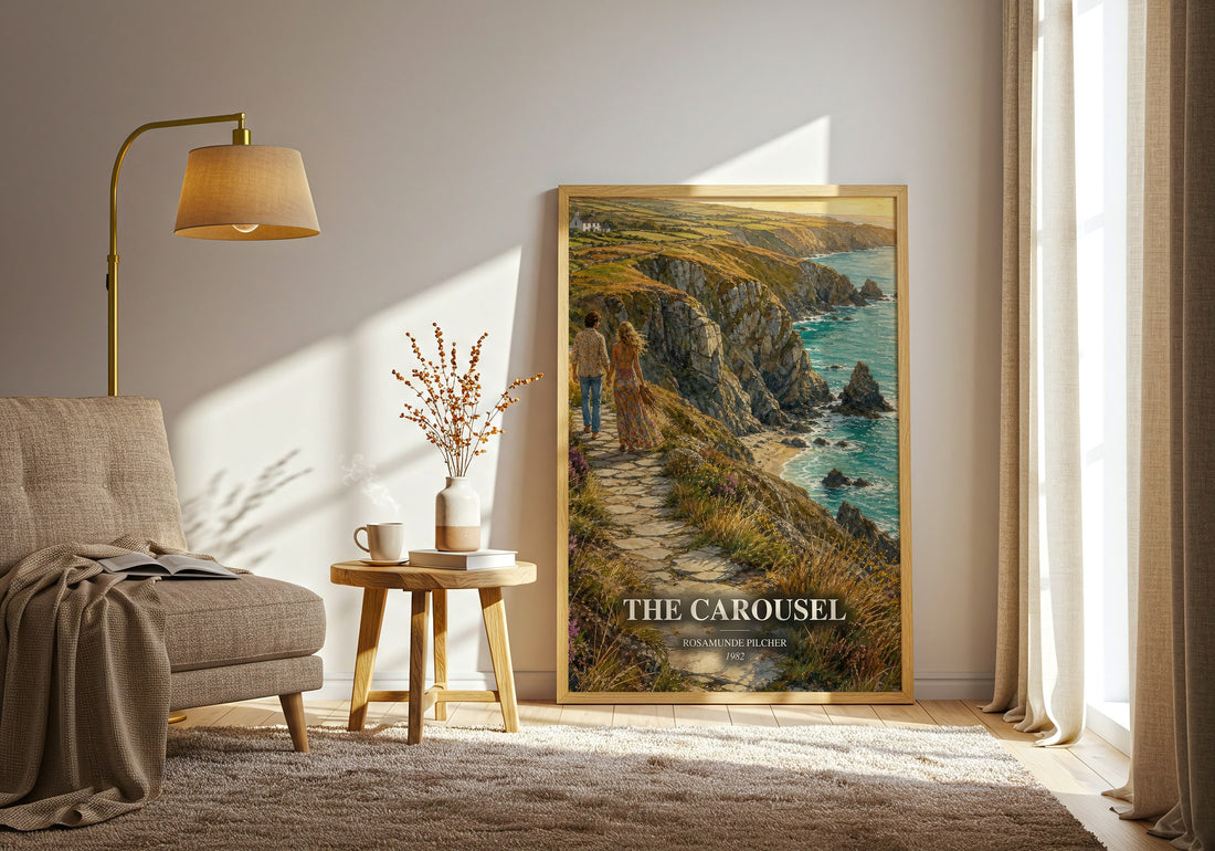 The Carousel watercolour print in frame leaning in hallway – contemporary fiction wall art (mockup)