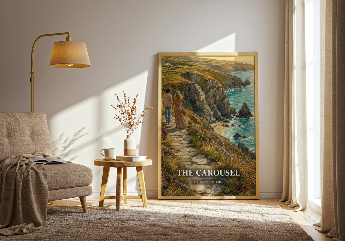 The Carousel watercolour print in frame leaning in hallway – contemporary fiction wall art (mockup)