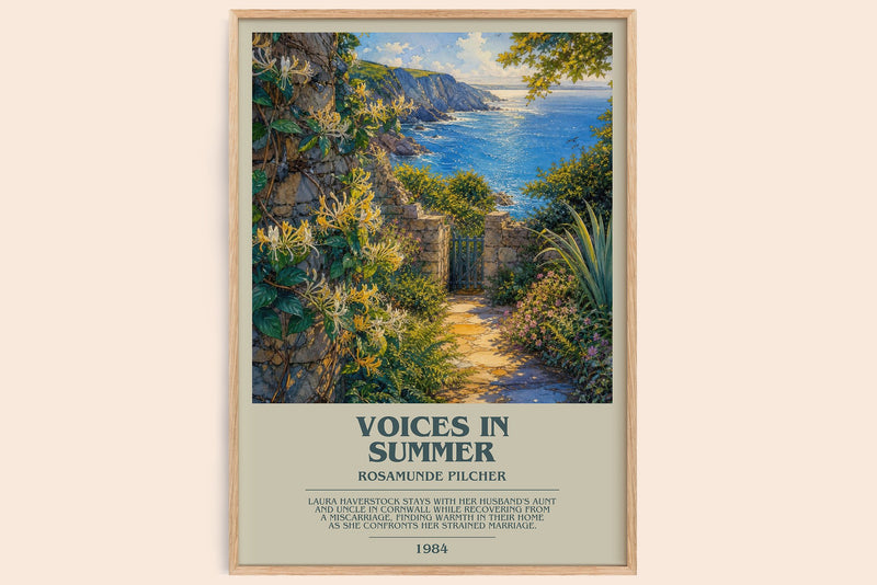 Voices in Summer bookish book poster by Rosamunde Pilcher – framed literary art print