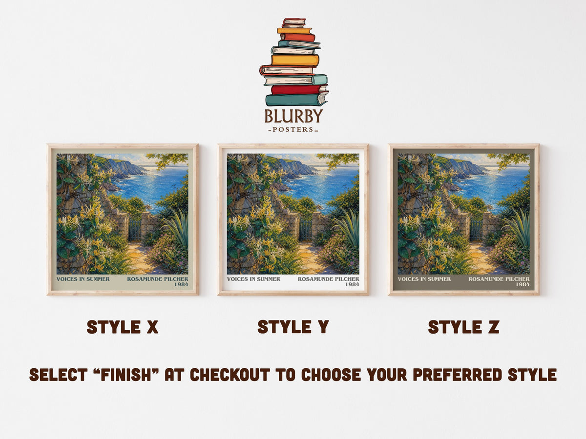 Voices in Summer literary print in frame leaning in hallway – romance wall art (mockup)