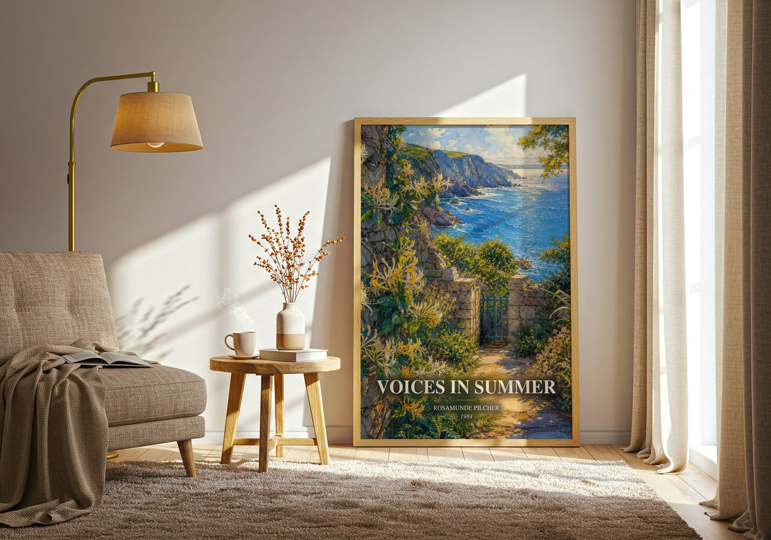 Voices in Summer watercolour print in frame leaning in hallway – romance wall art (mockup)