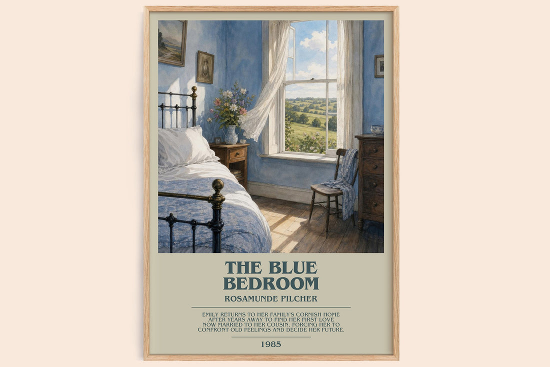 The Blue Bedroom bookish book poster by Rosamunde Pilcher – framed literary art print