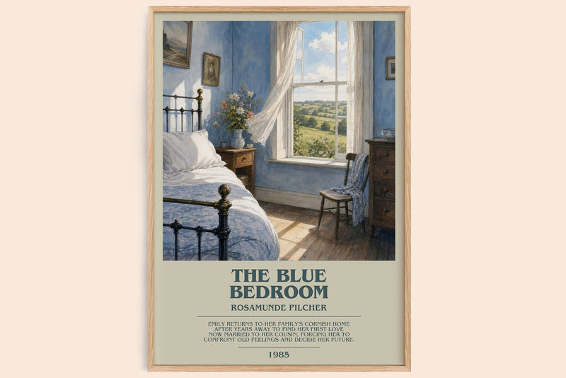 The Blue Bedroom bookish book poster by Rosamunde Pilcher – framed literary art print