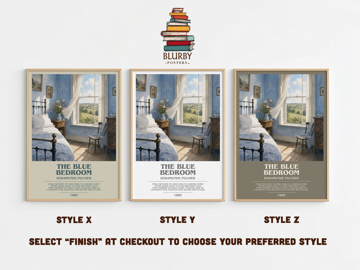 The Blue Bedroom bookish print in frame leaning in hallway – romance wall art (mockup)