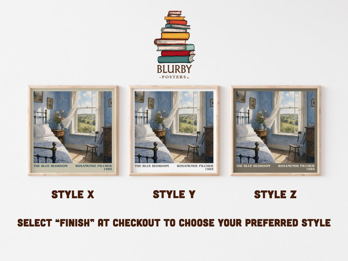 The Blue Bedroom literary print in frame leaning in hallway – romance wall art (mockup)