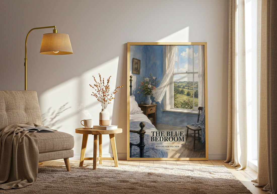 The Blue Bedroom watercolour print in frame leaning in hallway – romance wall art (mockup)