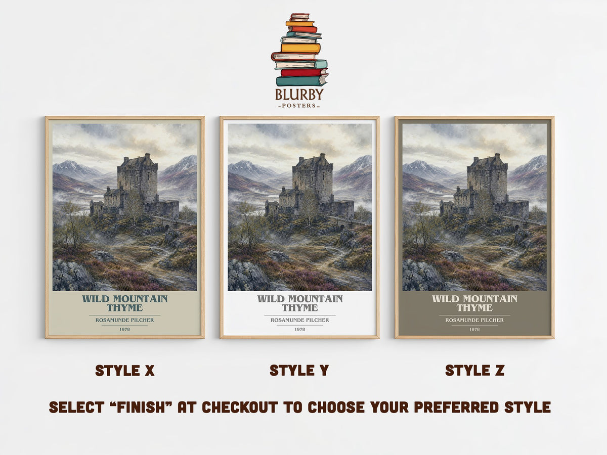 Wild Mountain Thyme book cover print in frame leaning in hallway – romance wall art (mockup)