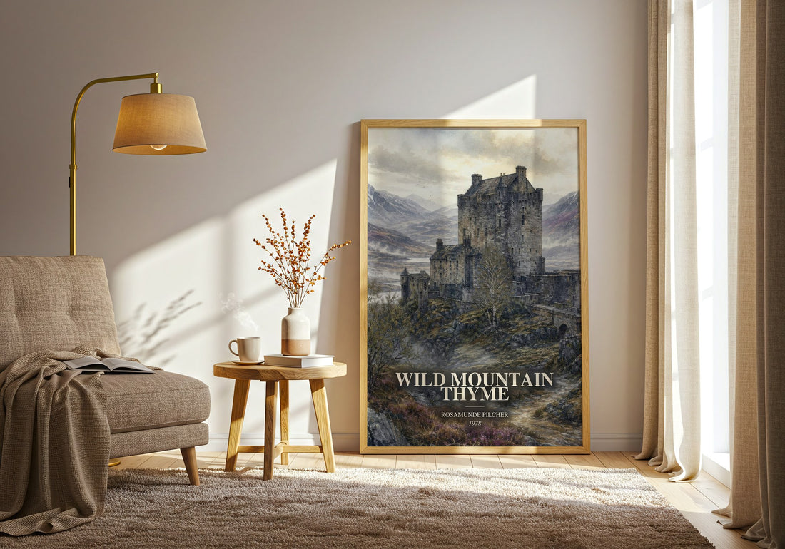 Wild Mountain Thyme watercolour print in frame leaning in hallway – romance wall art (mockup)